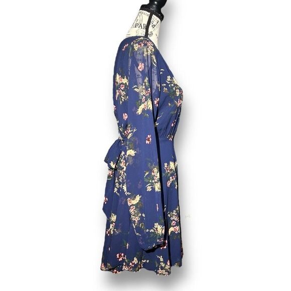 Lulus S Navy Floral Chiffon Long Sleeve Mini Dress Boho Cocktail Wedding Guest - Picture 3 of 9